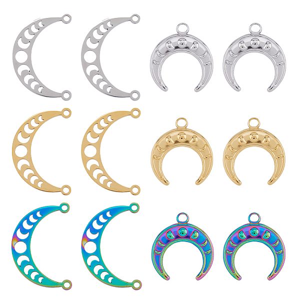 

PandaHall DICOSMETIC 24Pcs 6 Style Ion Plating(IP) 304 Stainless Steel Pendants, Moon Phase & Double Horn/Crescent Moon Charm, Mixed Color...