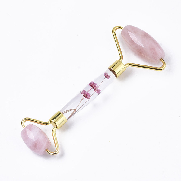 PandaHall Natural Rose Quartz Massage Tools, Facial Rollers, with K9 Glass & Dried Flower Handle & Zinc Alloy Findings, Golden...