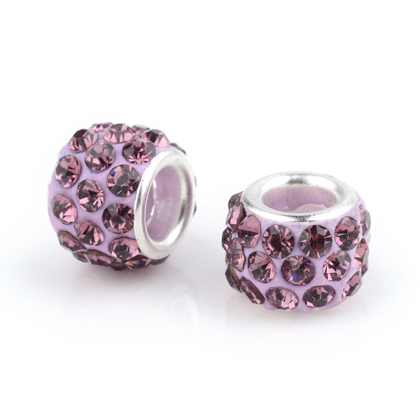 

PandaHall Polymer Clay Rhinestone European Beads, Large Hole Beads, Rondelle, with Silver Color Plated Brass Cores, Light Amethyst..., Purple