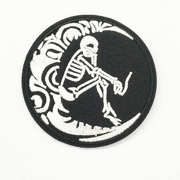 

PandaHall Computerized Embroidery Cloth Iron on/Sew on Patches, Costume Accessories, Appliques, Flat Round with Moon and Human Skeleton..., White