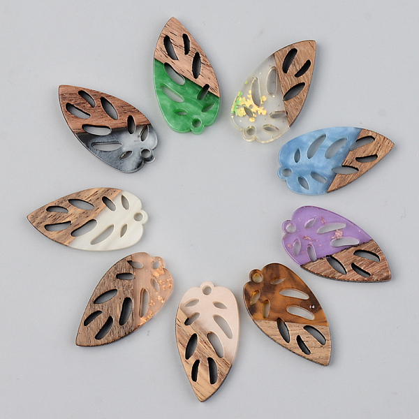 

PandaHall Resin & Walnut Wood Pendants, Leaf, Mixed Color, 28x15x3mm, Hole: 2mm Resin+Wood Leaf Multicolor