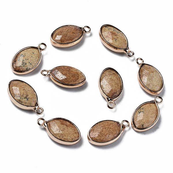 

PandaHall Natural Picture Jasper Pendants, with Golden Plated Brass Edge and Loop, Rack Plating, Oval, 17x9x4mm, Hole: 1.6mm Picture Jasper...