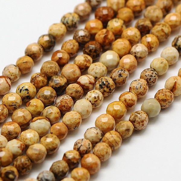 

PandaHall Natural Picture Jasper Beads Strands, Faceted Round, 3mm, Hole: 0.8mm, about 136pcs/strand, 16 inch Picture Jasper Round