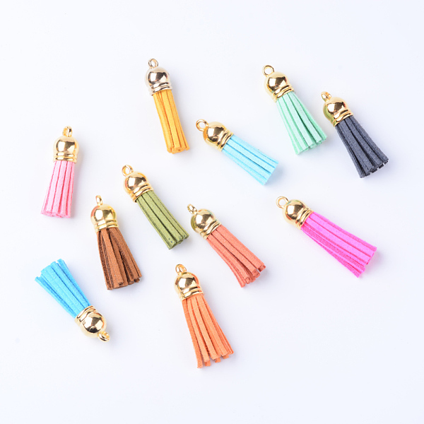 

PandaHall Faux Suede Tassel Pendant Decorations, with CCB Plastic Cord Ends, Mixed Color, 35~37x10mm, Hole: 2.5~3mm Faux Suede Multicolor