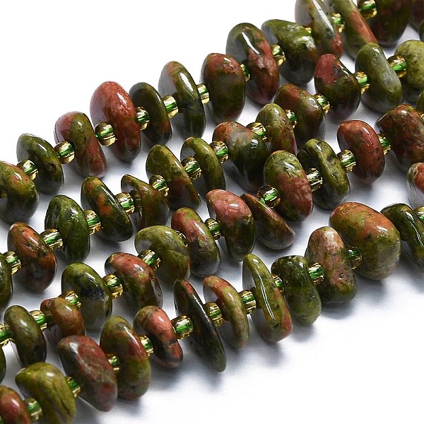 

PandaHall Natural Unakite Beads Strands, Chips, 7~13x8~9x3~4mm, Hole: 1mm, about 75pcs/strand, 14.76''(37.5cm) Unakite Chip
