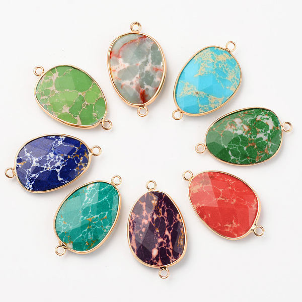 

PandaHall Natural Dyed Regalite/Imperial Jasper/Sea Sediment Jasper Links, with Light Gold Plated Edge Brass Loops, Faceted, Oval, Mixed..., Multicolor