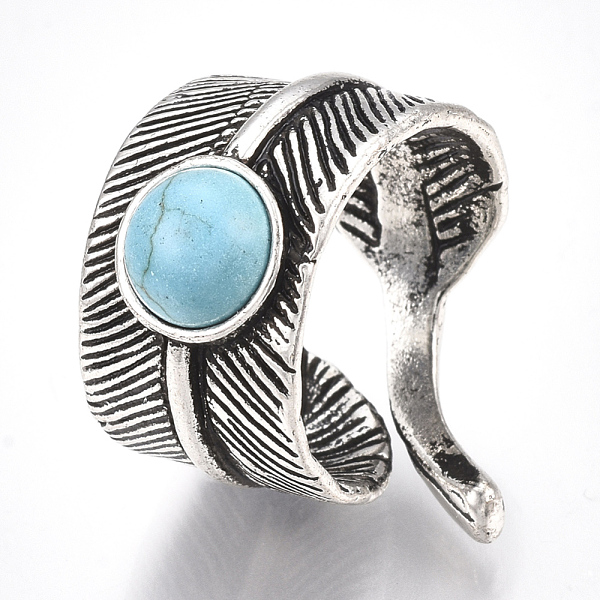 

PandaHall Alloy Cuff Finger Rings, with Synthetic Turquoise, Wide Band Rings, Feather, Antique Silver, US Size 8 1/2(18.5mm) Alloy