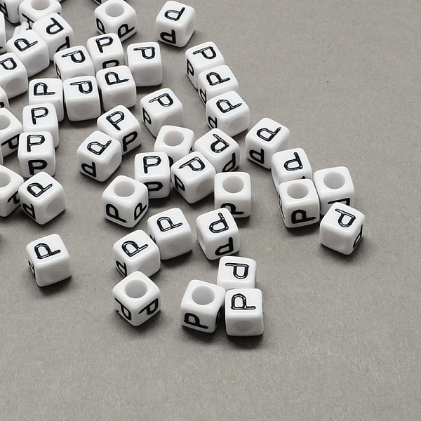 

PandaHall Large Hole Acrylic Letter European Beads, Horizontal Hole, White & Black, Cube with Letter.P, 6x6x6mm, Hole: 4mm, about...