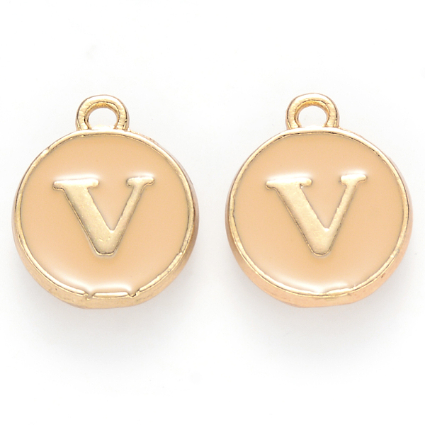 

PandaHall Golden Plated Alloy Enamel Charms, Cadmium Free & Lead Free, Enamelled Sequins, Flat Round with Letter, Wheat, Letter.V, 14x12x2mm..., Orange