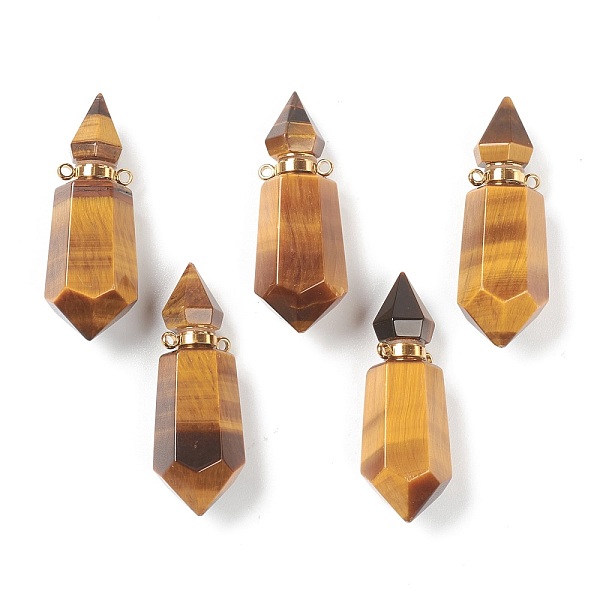 PandaHall Faceted Natural Tiger Eye Pendants, Openable Perfume Bottle, with Golden Tone Brass Findings, 39~42x14~16x13~14mm, Hole: 2mm...