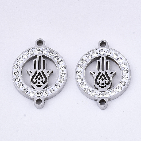 

PandaHall 201 Stainless Steel Links connectors, with Polymer Clay Crystal Rhinestone, Flat Round with Hamsa Hand/Hand of Fatima/Hand of..., Clear