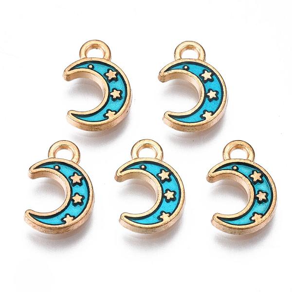 

PandaHall Light Gold Plated Alloy Enamel Pendants, Moon with Star, Prussian Blue, 11.5x7.5x1.5mm, Hole: 1.5mm Alloy+Enamel Moon