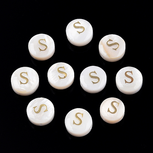 

PandaHall Natural Freshwater Shell Beads, with Golden Plated Brass Etched Metal Embellishments, Flat Round with Letter, Letter S...