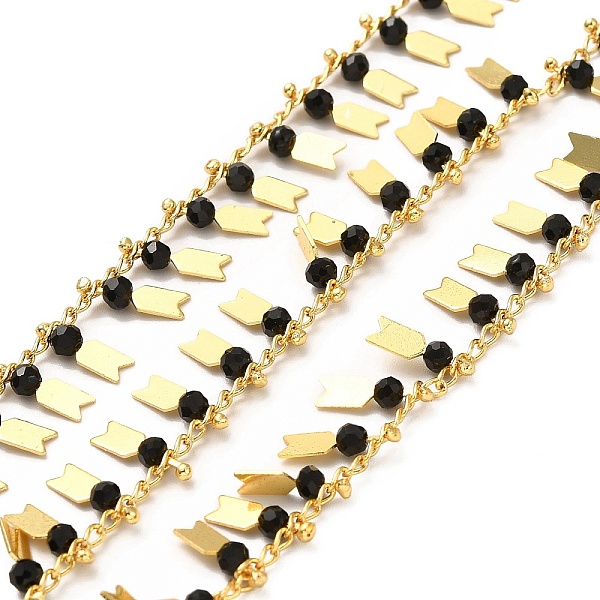 

PandaHall Glass Beaded Arrow Charm Chains, with Real 18K Gold Plated Brass Rope Chains, Soldered, with Spool, Black, 1.5mm Brass+Glass Black