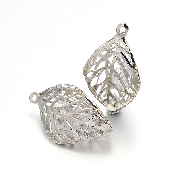 

PandaHall Leaf Iron Pendants, with Resin Rhinestone, Platinum, 24x12mm, Hole: 1mm Iron+Rhinestone Leaf