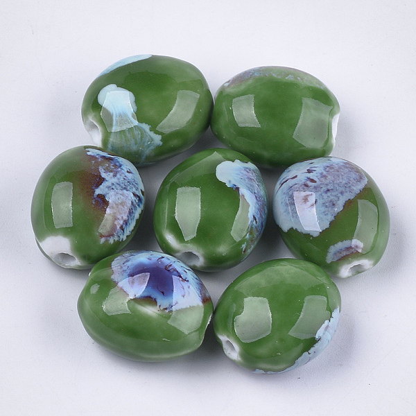 

PandaHall Handmade Porcelain Beads, Fancy Antique Glazed Porcelain, Oval, Green, 20~21x17.5~18x12~13mm, Hole: 2.5~3mm Porcelain Oval Green