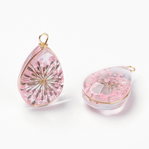 

PandaHall Inner Flower Glass Pendants, with Long-Lasting Plated Brass Findings, Nickel Free, teardrop, Real 18K Gold Plated, Lavender Blush..., Pink