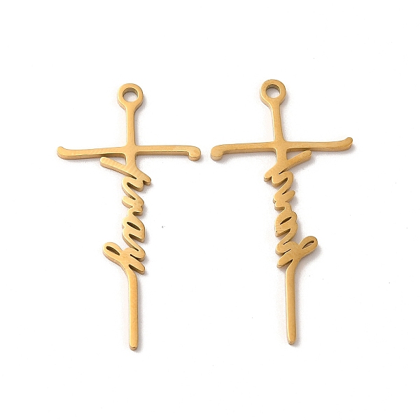 

PandaHall Ion Plating(IP) 304 Stainless Steel Pendants, Laser Cut, Cross with Word Pray Charm, Real 18K Gold Plated, 39.5x20x1mm, Hole: 2mm...