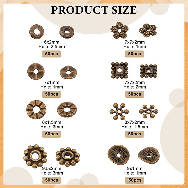 

PandaHall 400Pcs 8 Styles Tibetan Style Alloy Spacer Beads, Flower & Square & Snowflake, Mixed Shapes, Antique Bronze, 6~9x6~9x1~2mm, Hole...