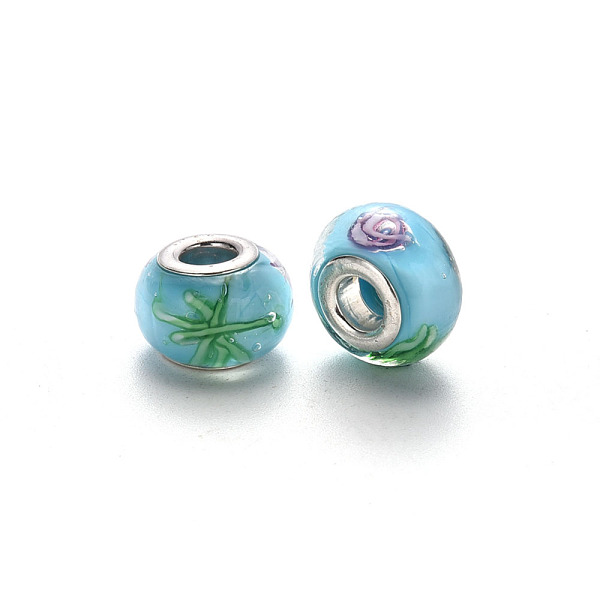 

PandaHall Handmade Lampwork European Beads, Large Hole Rondelle Beads, with Platinum Tone Brass Double Cores, with Flower Pattern, Light Sky...