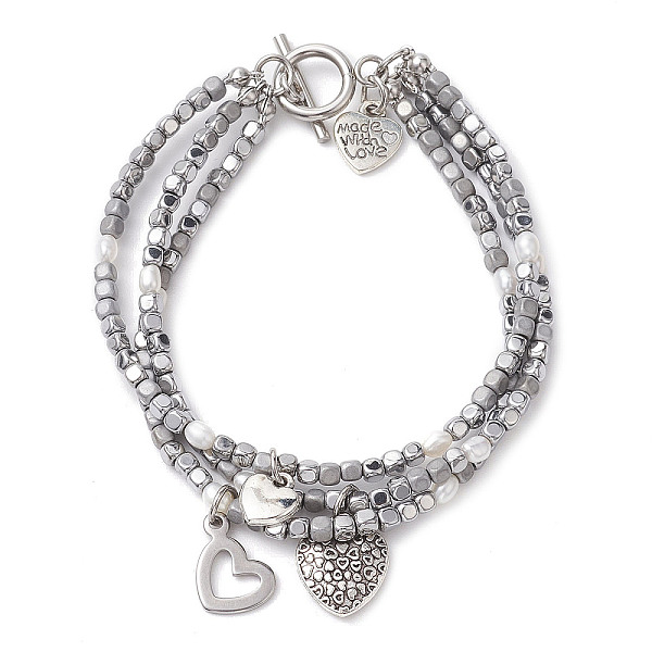 

PandaHall Cube Electroplated Synthetic Non-magnetic Hematite & Natural Pearl Multi-strand Beaded Bracelets, 304 Stainless Steel Heart Charm...