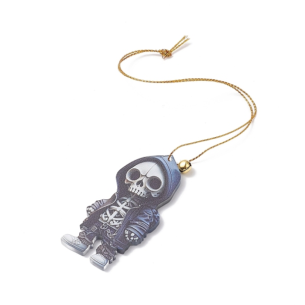 

PandaHall Acrylic Halloween Style Big Pendants with Brass Bell and Nylon Cord, Skeleton, Marine Blue, 312x0.9mm Brass+Acrylic Skeleton