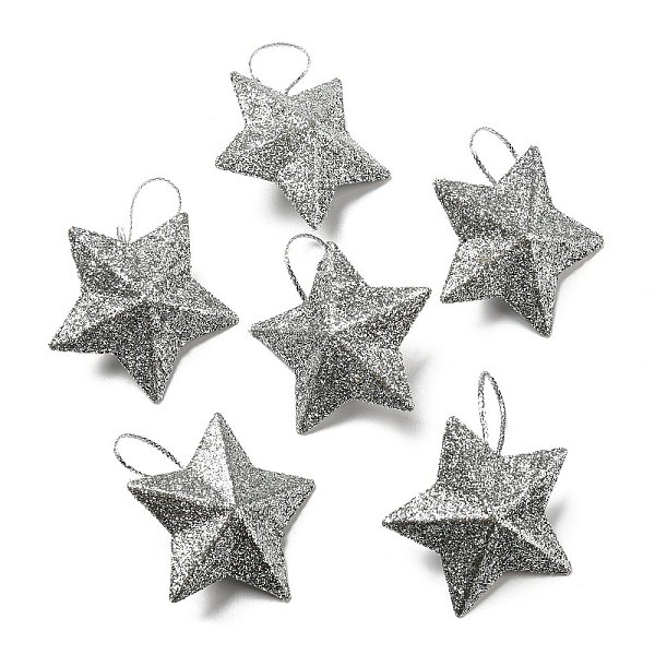 

PandaHall Plastic Glitter Star Pendant Decorations, Silk Ribbon Christmas Tree Hanging Decoration, Silver, 43x46x16.5mm Plastic Star Silver
