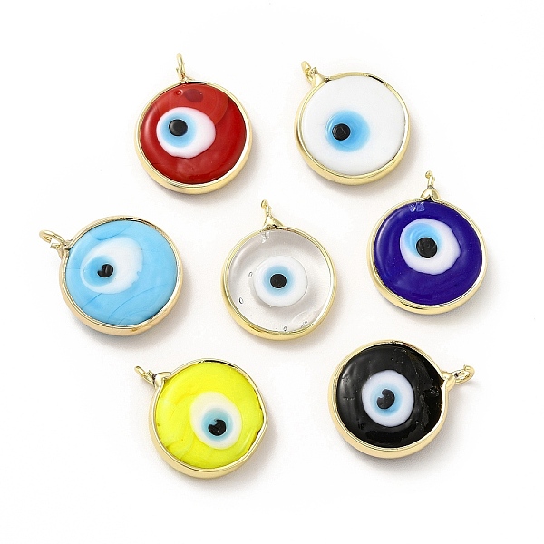 

PandaHall Handmade Evil Eye Lampwork Pendants, with Rack Plating Brass Findings, Long-Lasting Plated, Flat Round, Mixed Color..., Multicolor