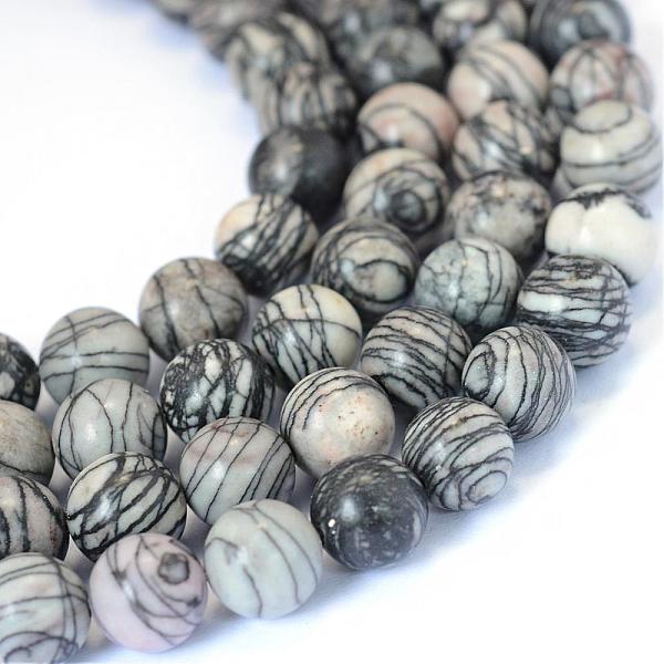 Natural Black Silk Stone/Netstone Round Bead Strands