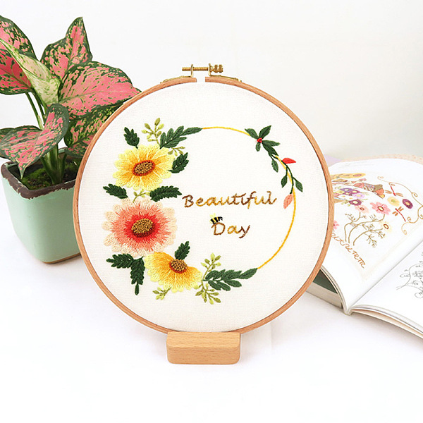 

PandaHall Flower Pattern DIY Embroidery Kit, including Embroidery Needles & Thread, Cotton Linen Cloth, Word Beautiful Day, Yellow...