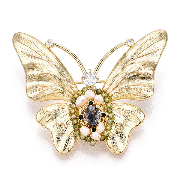 Natural Pearl & Glass Butterfly Brooches For Women