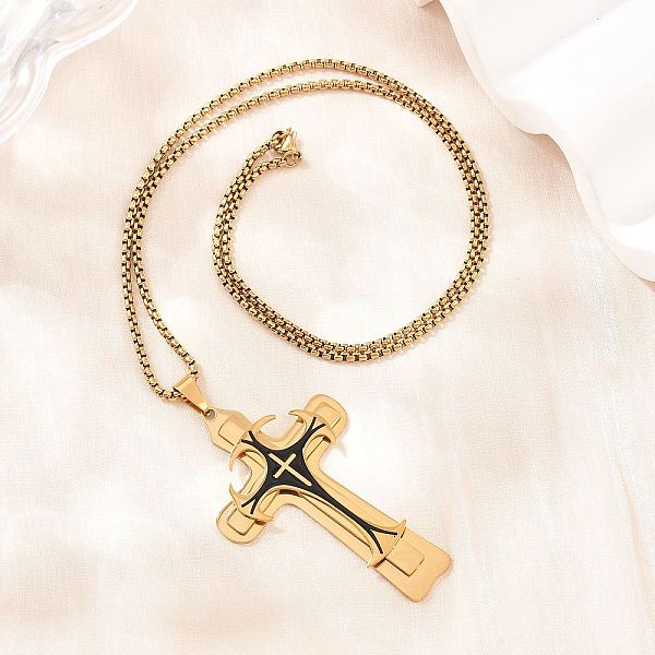 Religion 201 Stainless Steel Black Enamel Cross Pendant 304 Stainless Steel Box Chain Necklaces