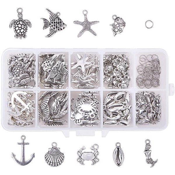 PandaHall DIY Pendants Making, with Tibetan Style Alloy Pendants and Iron Jump Rings, Mixed Color, 135x70x30mm Iron