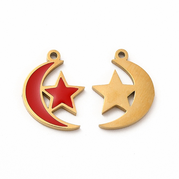 

PandaHall Ion Plating(IP) 304 Stainless Steel Pendants, With Enamel, Moon With Star, Red, 15.5x11.5x1mm, Hole: 1.2mm Alloy+Enamel Red