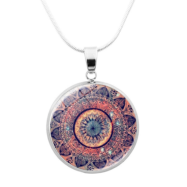 

PandaHall Glass Mandala Flower Dome Pendant Necklace, Platinum Brass Jewelry for Women, PeachPuff, 24.21 inch(61.5cm) Glass Brown