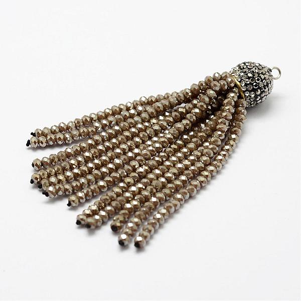 

PandaHall Electroplate Glass Bead Tassel Big Pendants, with Brass Rhinestone Findings, Camel, 76x10.8mm, Hole: 2.5mm Glass Brown