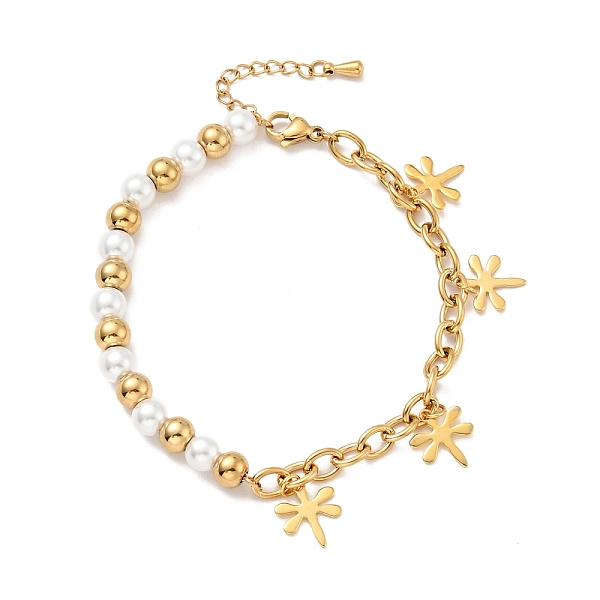 

PandaHall 201 Stainless Steel Dragonfly Charm Bracelet, Plastic Pearl Beaded Bracelet with Vacuum Plating 304 Stainless Steel Cable Chains..., White