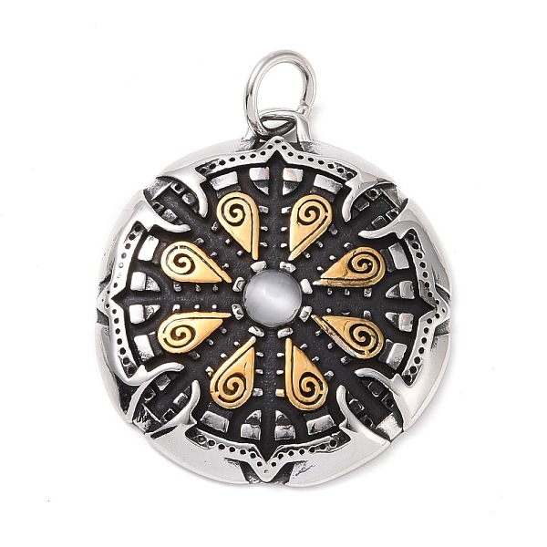 

PandaHall Ion Plating(IP) Tibetan Style 304 Stainless SteelManual Polishing Big Pendants, with Cat Eye & Jump Rings, Flat Round with Runes...