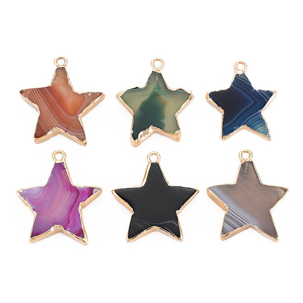 

PandaHall Natural Agate Pendants, with Light Gold Plated Iron Findings, Star, Dyed & Heated, Mixed Color, 29~34x25~31x4~6.5mm, Hole: 2mm..., Multicolor