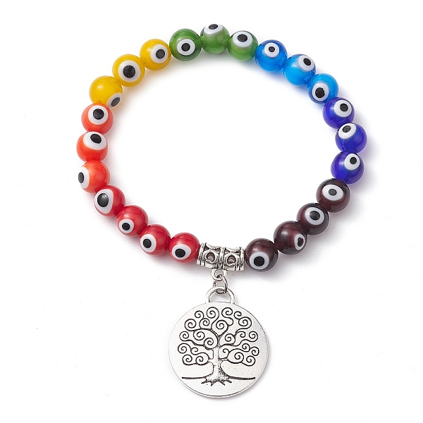 

PandaHall 7-Color 8mm Round Alloy Handmade Evil Eye Lampwork Stretch Bracelets, Tree of Life Charm Bracelets for Women, Colorful, Inner..., Multicolor