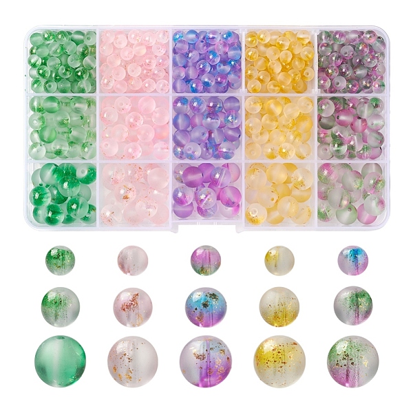 

PandaHall 565Pcs 15 Colors Frosted Spray Painted Glass Beads, with Golden Foil, Round, Mixed Color, 10~11mm, Hole: 1.4~1.6mm Glass Round..., Multicolor
