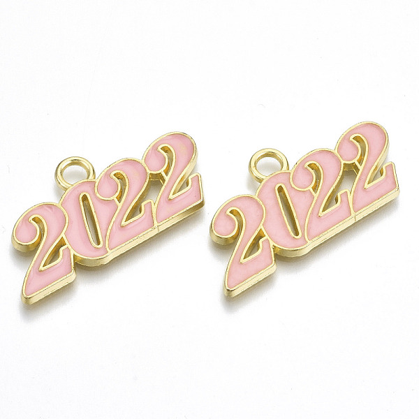 PandaHall Alloy Enamel Pendants, Cadmium Free & Lead Free, New Year 2022, Golden, Pink, 19x38x2mm, Hole: 4mm Alloy+Enamel Number Pink