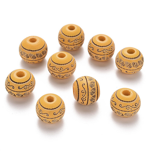 

PandaHall Painted Natural Wood Beads, Laser Engraved Pattern, Round with Leave Pattern, Gold, 10x9mm, Hole: 2.5mm Schima Wood Round Gold
