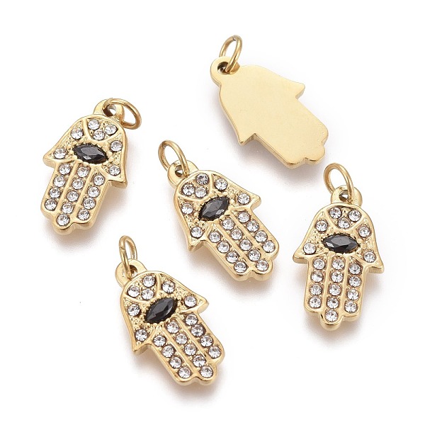 

PandaHall 316 Surgical Stainless Steel Charms, with Rhinestone and Jump Rings, Hamsa Hand/Hand of Fatima/Hand of Miriam, Golden, Crystal..., Clear