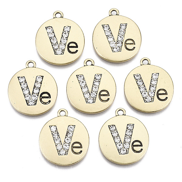 

PandaHall Alloy Pendants, with Rhinestone, Cadmium Free & Nickel Free & Lead Free, Flat Round with Ve, Antique Golden, 23x19x2mm, Hole: 2mm..., Clear