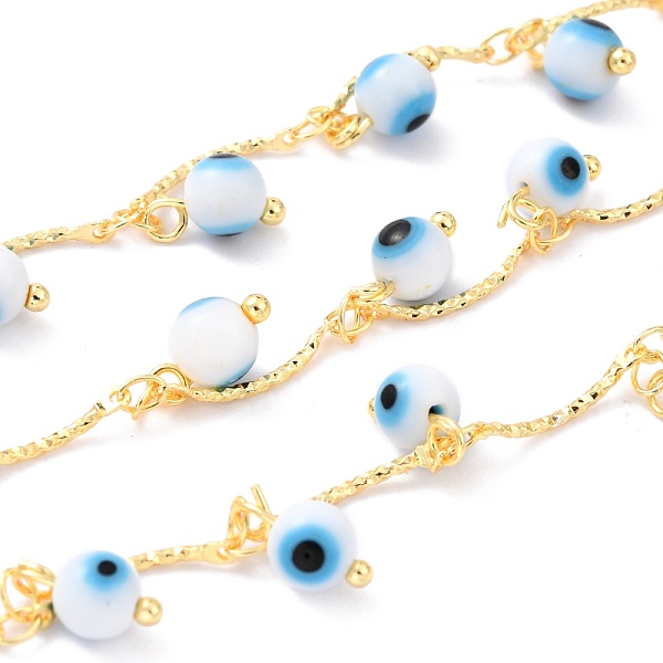 

PandaHall 3.28 Feet Handmade Golden Brass Bar Link Chains, with Glass Charms, Soldered, Long-Lasting Plated, Round with Evil Eye, Deep Sky...