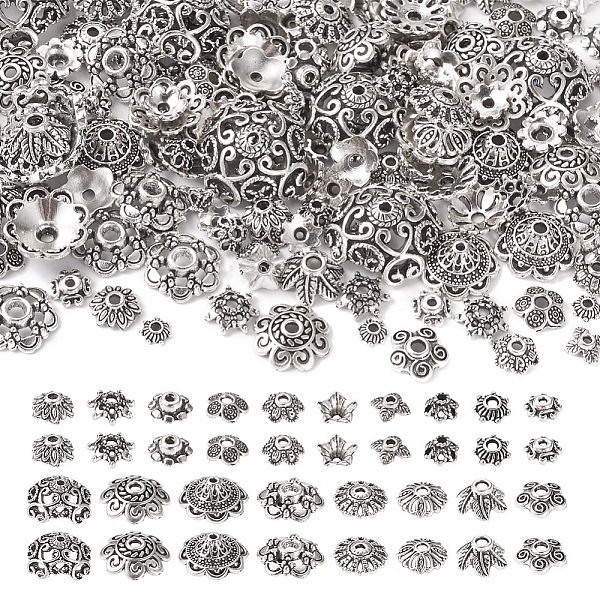 

PandaHall 180Pcs 18 Style Tibetan Style Alloy Bead Caps Sets, Flower, Antique Silver, 6~18x2~9mm, Hole: 1~2.5mm, 10pcs/style Alloy