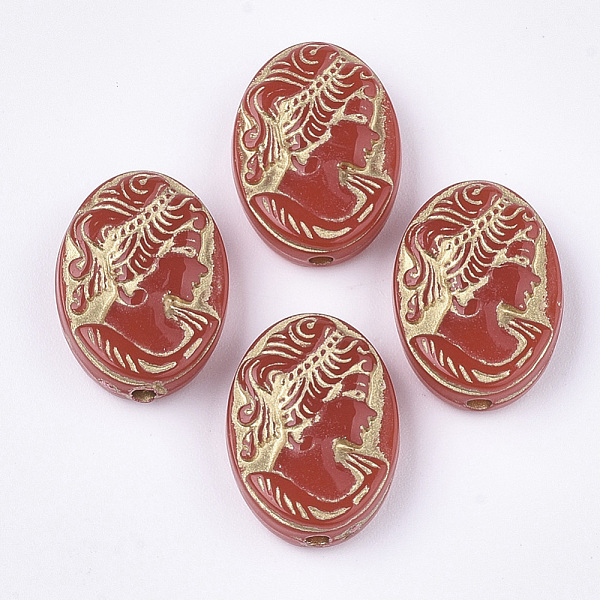 

PandaHall Plating Acrylic Beads, Metal Enlaced, Oval with Woman, Red, 17.5~18x13x6mm, Hole: 1.8mm, about 580pcs/500g Acrylic Oval Red