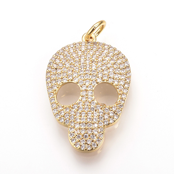 

PandaHall Brass Micro Pave Cubic Zirconia Pendants, with Jump Rings, Skull, Golden, 28x18.5x4mm, Hole: 3mm Brass+Cubic Zirconia Skull