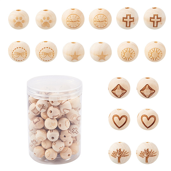 

PandaHall Fashewelry 90Pcs 9 Patterns Natural Theaceae Wood Beads, Laser Engraved, Round with Pattern, BurlyWood, 19.5~20mm, Hole: 5mm..., Orange